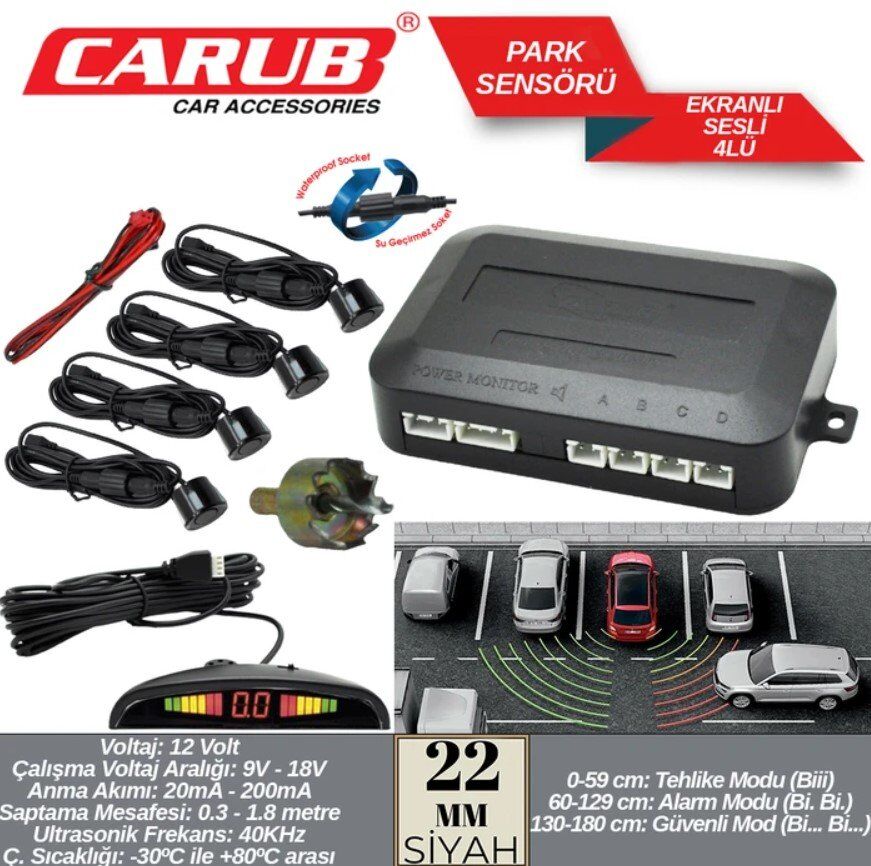 CARUB Park Sensörü Ekranlı Sesli 22mm  Siyah
