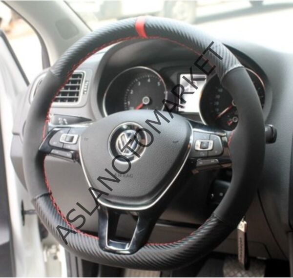 AS-AK 105 CM KIRMIZI İPLİ KARBON-SÜET DİREKSİYON KILIFI